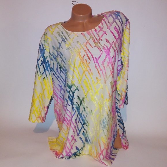 Creation Blouse 1X/2X Colorful Textured 3/4 Sleeve Cream Crew Neck Button Detail - Picture 2 of 16